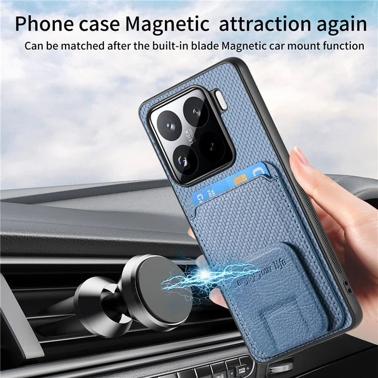 Étui pour Xiaomi 15 avec porte-cartes, texture en fibre de carbone, revêtement en cuir et coque TPU - Bleu