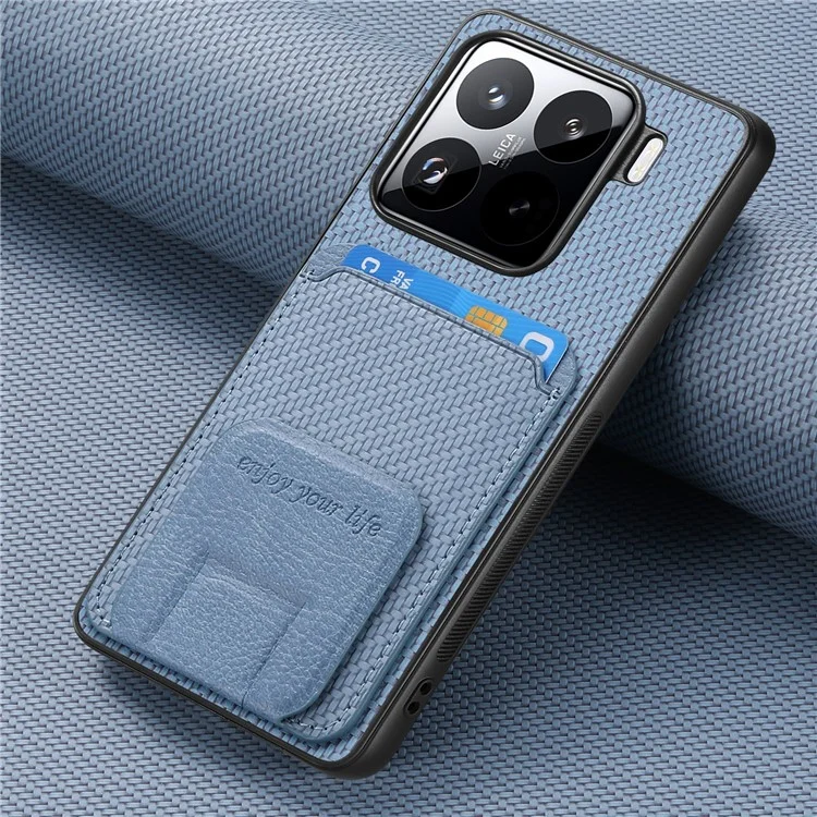 Étui pour Xiaomi 15 avec porte-cartes, texture en fibre de carbone, revêtement en cuir et coque TPU - Bleu