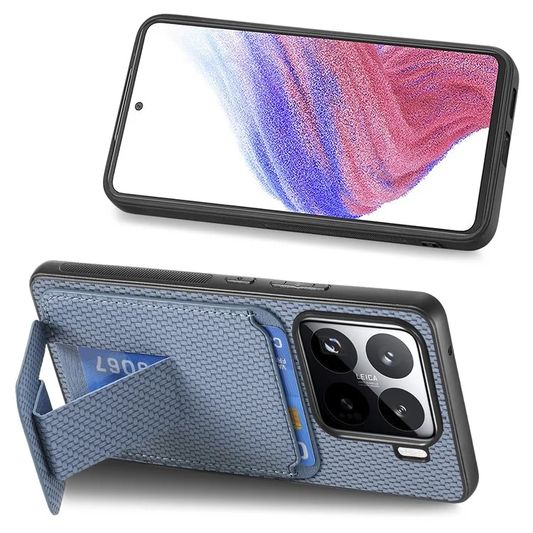 Étui pour Xiaomi 15 avec porte-cartes, texture en fibre de carbone, revêtement en cuir et coque TPU - Bleu