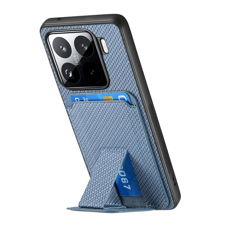 Étui pour Xiaomi 15 avec porte-cartes, texture en fibre de carbone, revêtement en cuir et coque TPU - Bleu