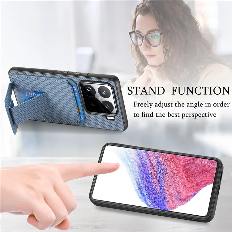 Étui pour Xiaomi 15 avec porte-cartes, texture en fibre de carbone, revêtement en cuir et coque TPU - Bleu