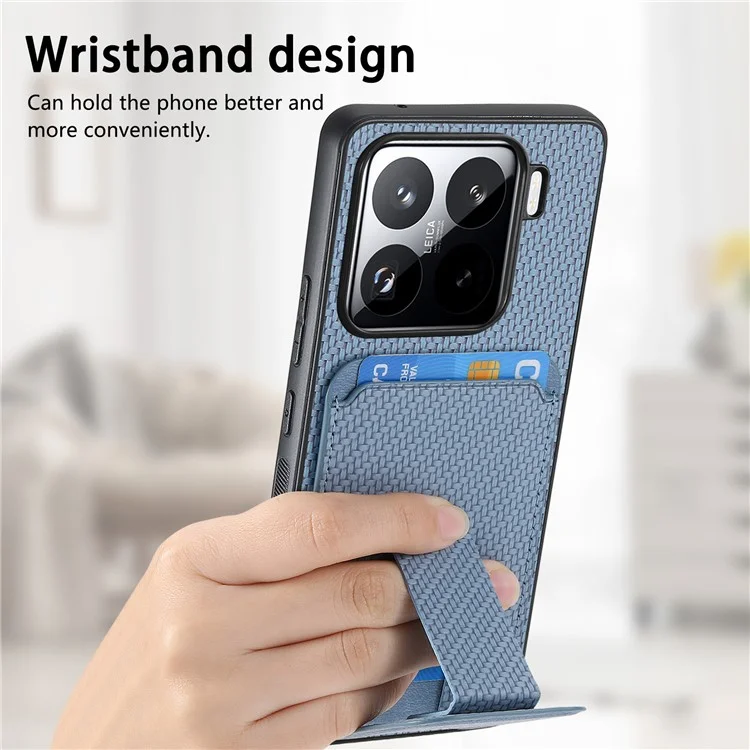 Étui pour Xiaomi 15 avec porte-cartes, texture en fibre de carbone, revêtement en cuir et coque TPU - Bleu