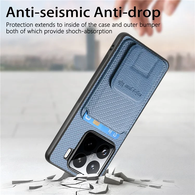 Étui pour Xiaomi 15 avec porte-cartes, texture en fibre de carbone, revêtement en cuir et coque TPU - Bleu