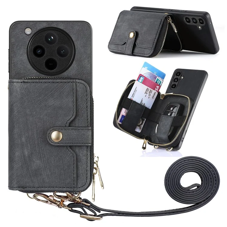 Funda para Oppo Find X8 5G, cartera con cremallera, cubierta trasera de cuero con soporte y correa para el hombro - Negro