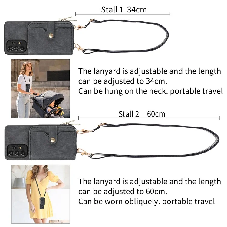 Funda para Oppo Find X8 5G, cartera con cremallera, cubierta trasera de cuero con soporte y correa para el hombro - Negro