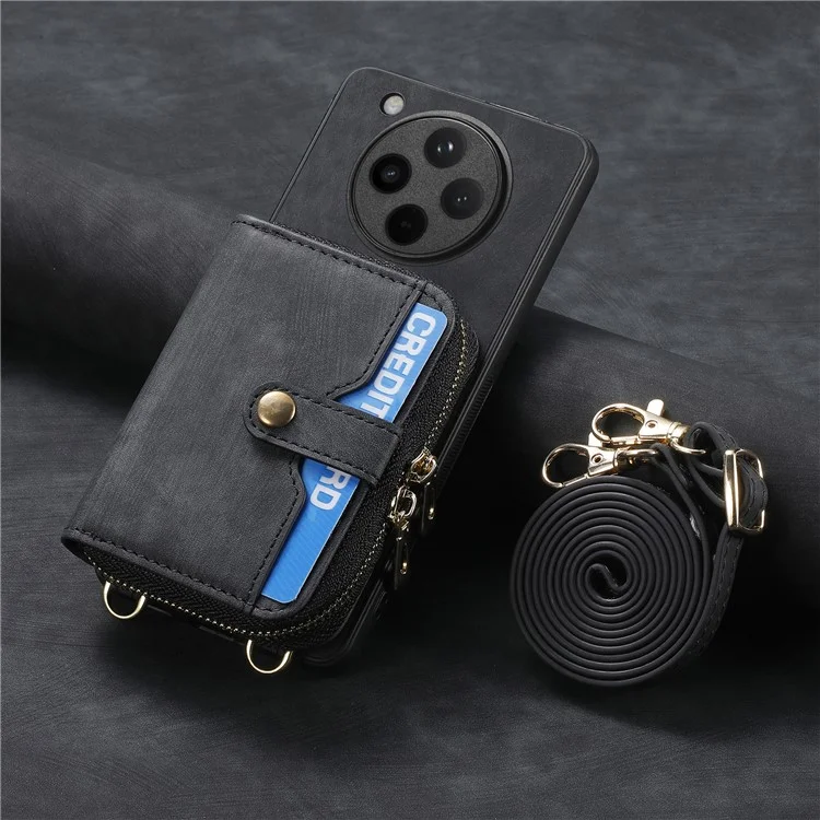 Funda para Oppo Find X8 5G, cartera con cremallera, cubierta trasera de cuero con soporte y correa para el hombro - Negro