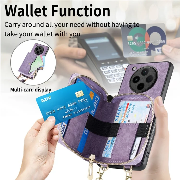 Funda para Oppo Find X8 5G, cartera con cremallera, cubierta trasera de cuero con soporte y correa para el hombro - Negro