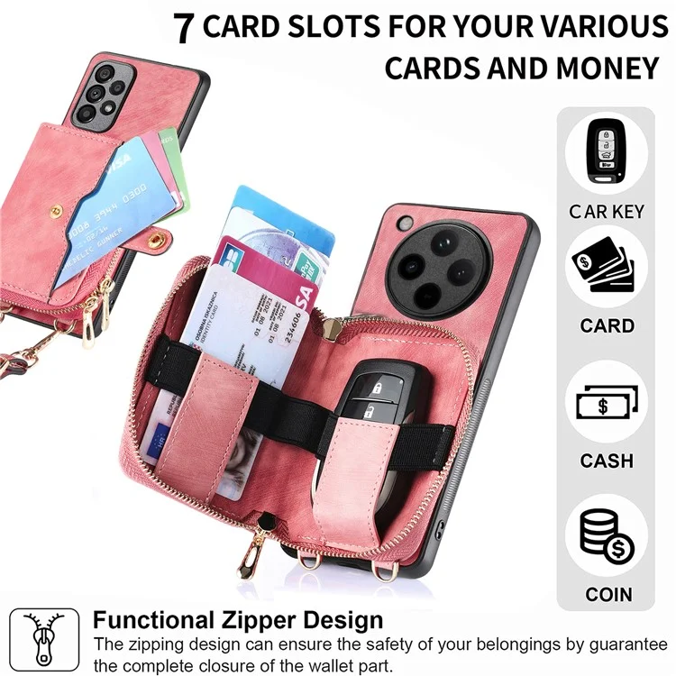 Funda para Oppo Find X8 5G, cartera con cremallera, cubierta trasera de cuero con soporte y correa para el hombro - Negro