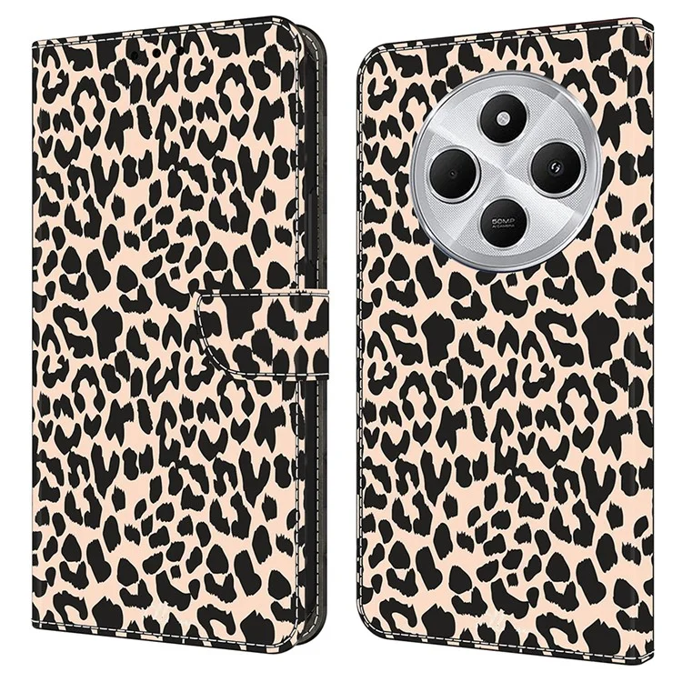 Custodia per cellulare a libro in TPU+PU con stampa leopardata per Xiaomi Redmi 14C 4G / 14R 5G / Poco C75 4G - Stampa leopardo
