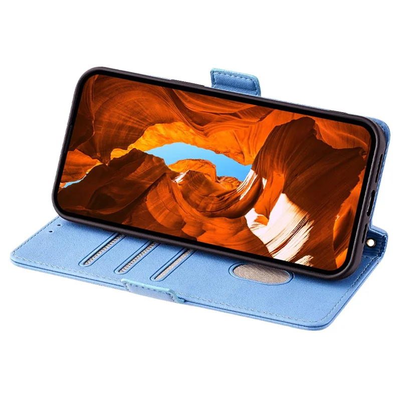 For TECNO Pova 6 Neo Leather Wallet Case RFID Blocking Stand Cover with Hand Strap - Blue