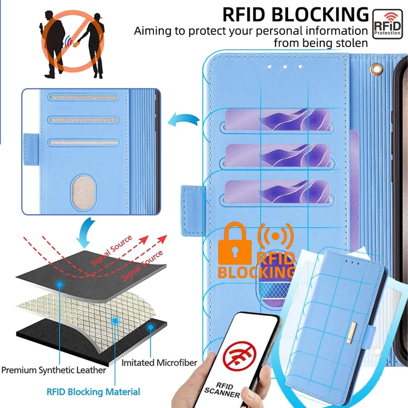 For TECNO Pova 6 Neo Leather Wallet Case RFID Blocking Stand Cover with Hand Strap - Blue