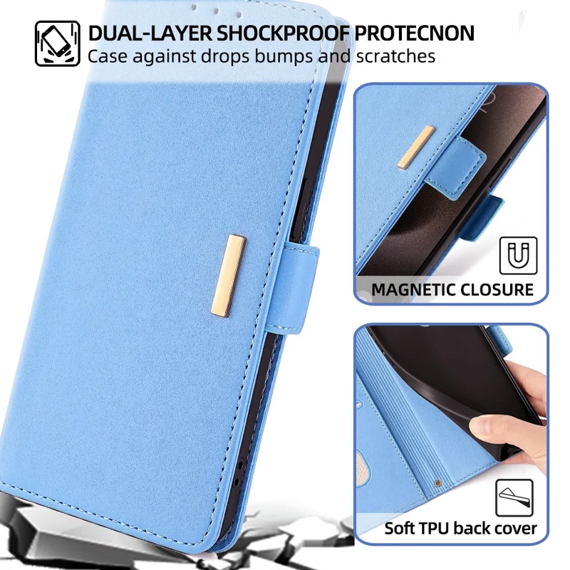 For TECNO Pova 6 Neo Leather Wallet Case RFID Blocking Stand Cover with Hand Strap - Blue
