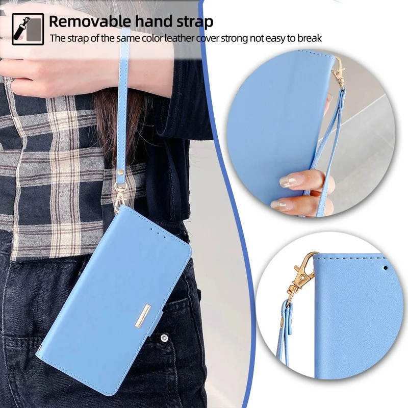 For TECNO Pova 6 Neo Leather Wallet Case RFID Blocking Stand Cover with Hand Strap - Blue