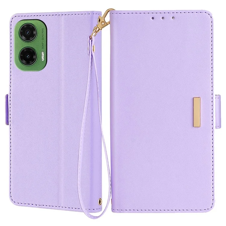 Funda de cartera de cuero con bloqueo RFID y soporte para Motorola Moto G35 5G, con correa de mano - Morado