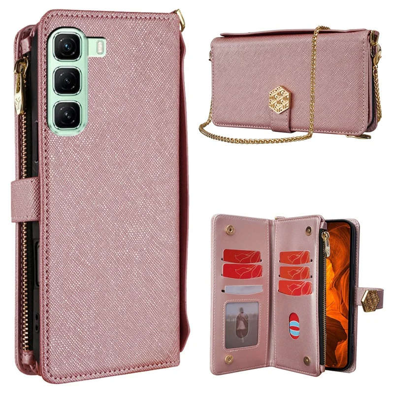 Für Infinix Hot 50 4G Hülle Cross Textur PU Leder + TPU Brieftasche Handyhülle mit Trageriemen - Roségold