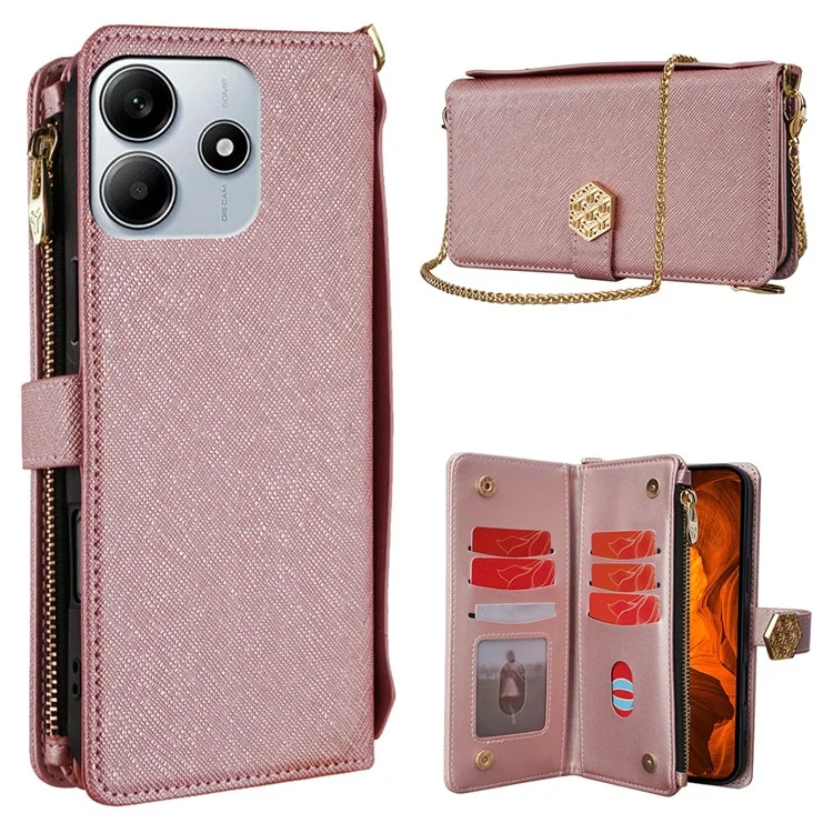 Custodia per Xiaomi Redmi Note 14 5G, texture a croce in pelle PU + TPU, custodia a portafoglio con cinturino - Oro rosa