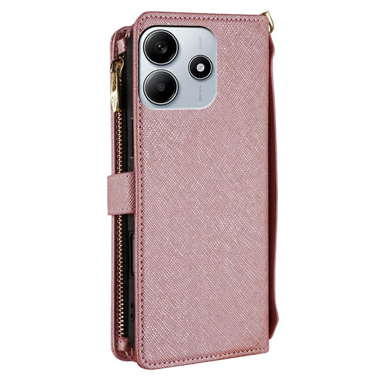 Custodia per Xiaomi Redmi Note 14 5G, texture a croce in pelle PU + TPU, custodia a portafoglio con cinturino - Oro rosa