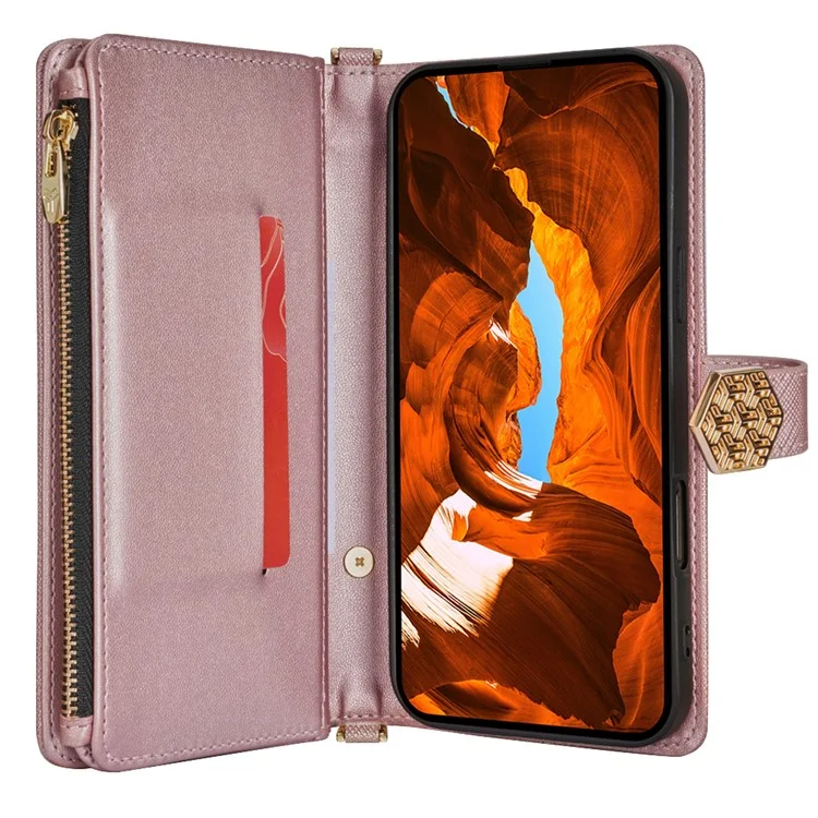 Custodia per Xiaomi Redmi Note 14 5G, texture a croce in pelle PU + TPU, custodia a portafoglio con cinturino - Oro rosa