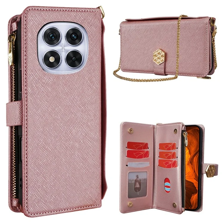 Custodia per Xiaomi Redmi Note 14 Pro 5G, in pelle PU con texture a croce + TPU, wallet cover con cinturino - Oro rosa