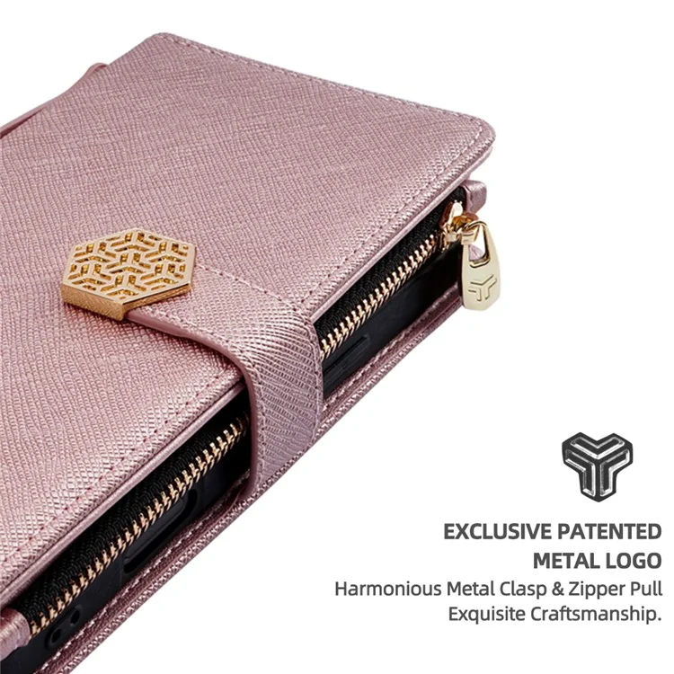 Custodia per Xiaomi Redmi Note 14 Pro 5G, in pelle PU con texture a croce + TPU, wallet cover con cinturino - Oro rosa