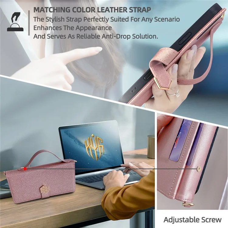 Custodia per Xiaomi Redmi Note 14 Pro 5G, in pelle PU con texture a croce + TPU, wallet cover con cinturino - Oro rosa