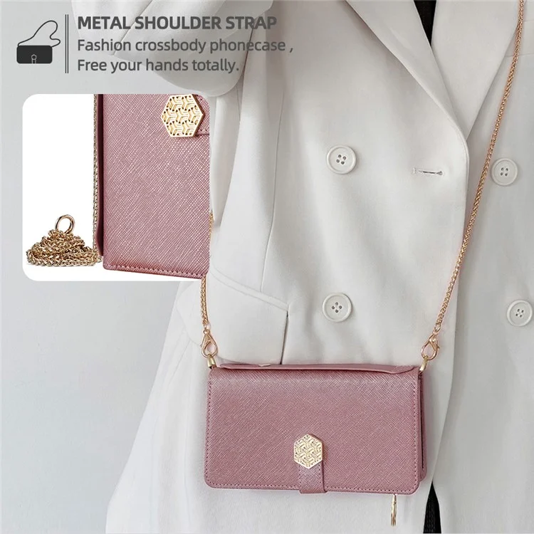 Custodia per Xiaomi Redmi Note 14 Pro 5G, in pelle PU con texture a croce + TPU, wallet cover con cinturino - Oro rosa