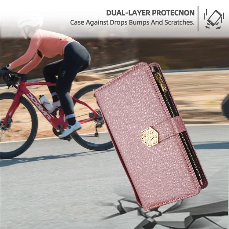 Custodia per Xiaomi Redmi Note 14 Pro 5G, in pelle PU con texture a croce + TPU, wallet cover con cinturino - Oro rosa
