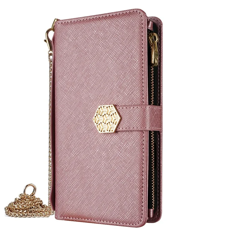 Custodia per Xiaomi Redmi Note 14 Pro 5G, in pelle PU con texture a croce + TPU, wallet cover con cinturino - Oro rosa