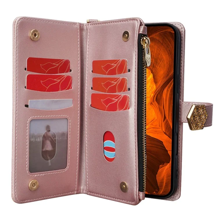 Custodia per Xiaomi Redmi Note 14 Pro 5G, in pelle PU con texture a croce + TPU, wallet cover con cinturino - Oro rosa