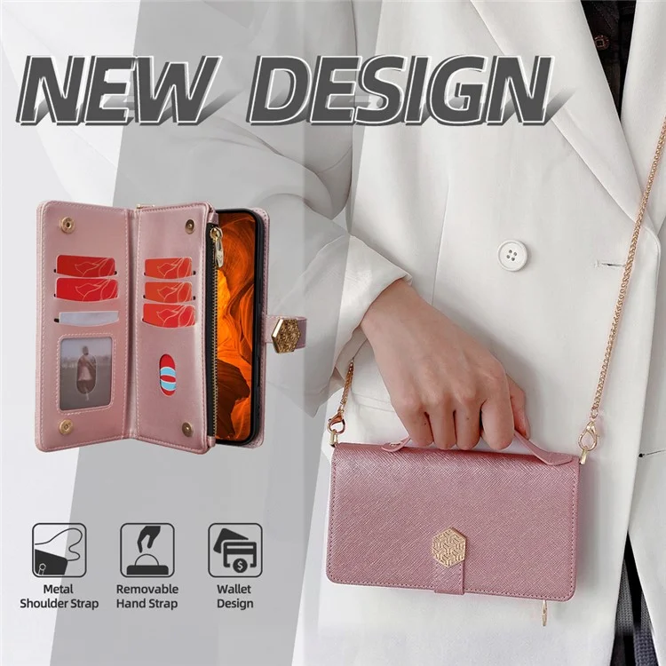Custodia per Xiaomi Redmi Note 14 Pro 5G, in pelle PU con texture a croce + TPU, wallet cover con cinturino - Oro rosa