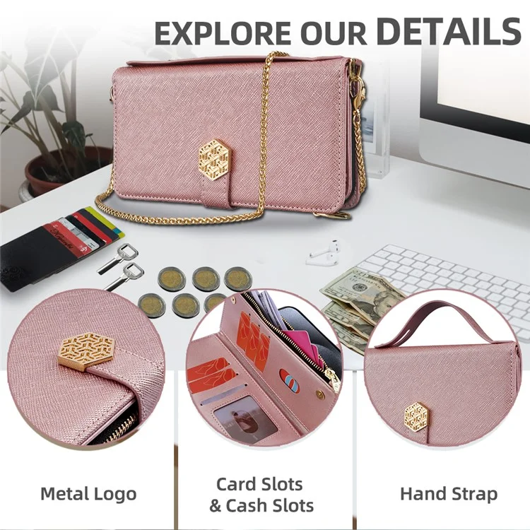 Custodia per Xiaomi Redmi Note 14 Pro 5G, in pelle PU con texture a croce + TPU, wallet cover con cinturino - Oro rosa