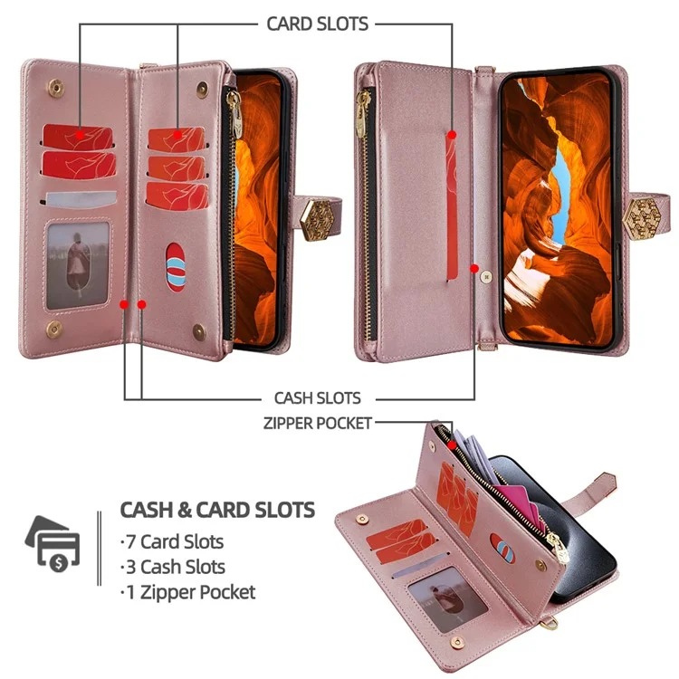 Custodia per Xiaomi Redmi Note 14 Pro 5G, in pelle PU con texture a croce + TPU, wallet cover con cinturino - Oro rosa