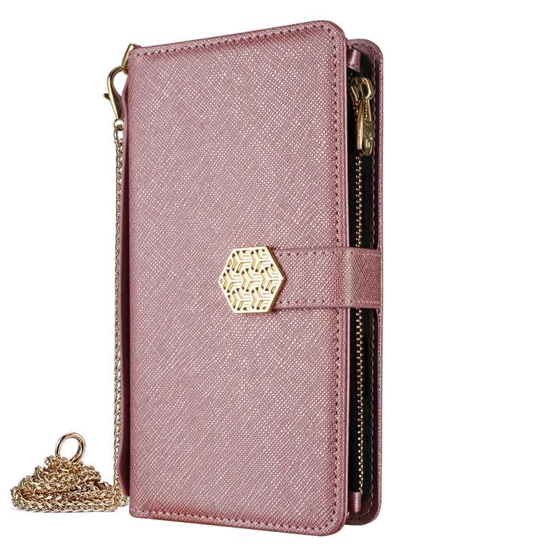 Funda para Motorola Moto G35 5G, textura cruzada, piel PU+TPU, funda de cartera para teléfono con correa - Oro rosa