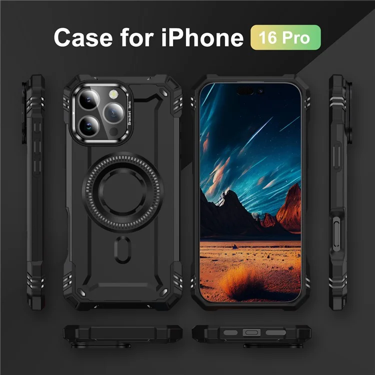 Чехол для iPhone 16 Pro совместимый с MagSafe, металлическая оправа объектива, подставка, PC+TPU мобильный чехол - Черный