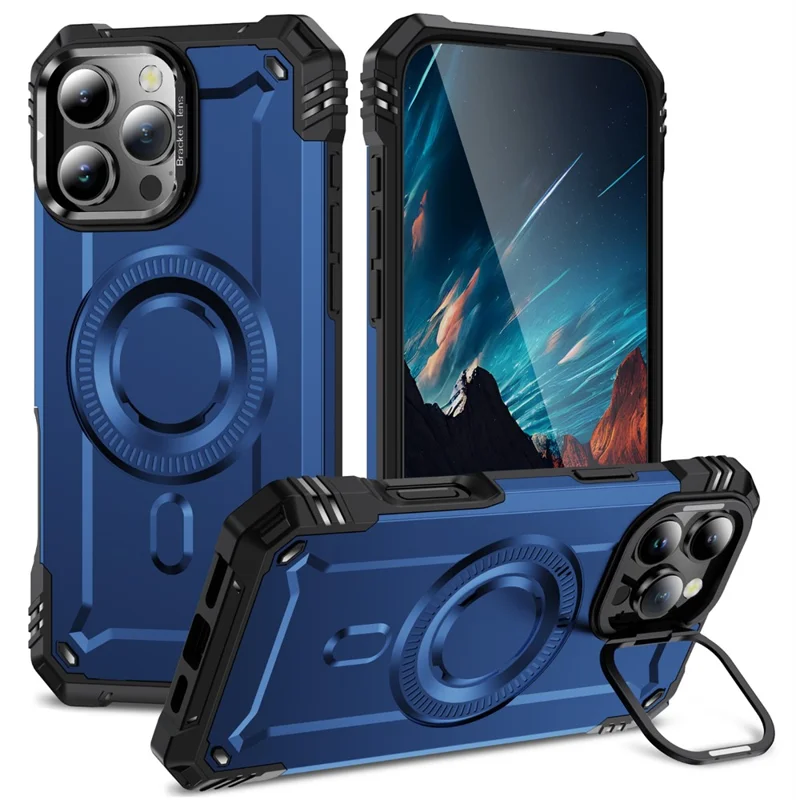 For iPhone 16 Pro Case Compatible with MagSafe Metal Lens Frame Kickstand PC+TPU Mobile Cover - Sapphire
