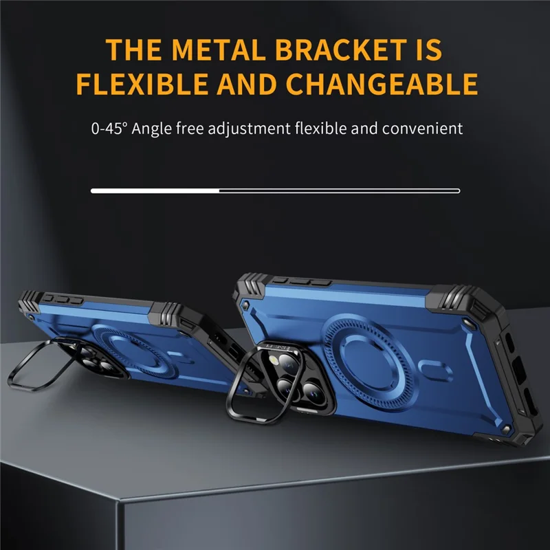 For iPhone 16 Pro Case Compatible with MagSafe Metal Lens Frame Kickstand PC+TPU Mobile Cover - Sapphire