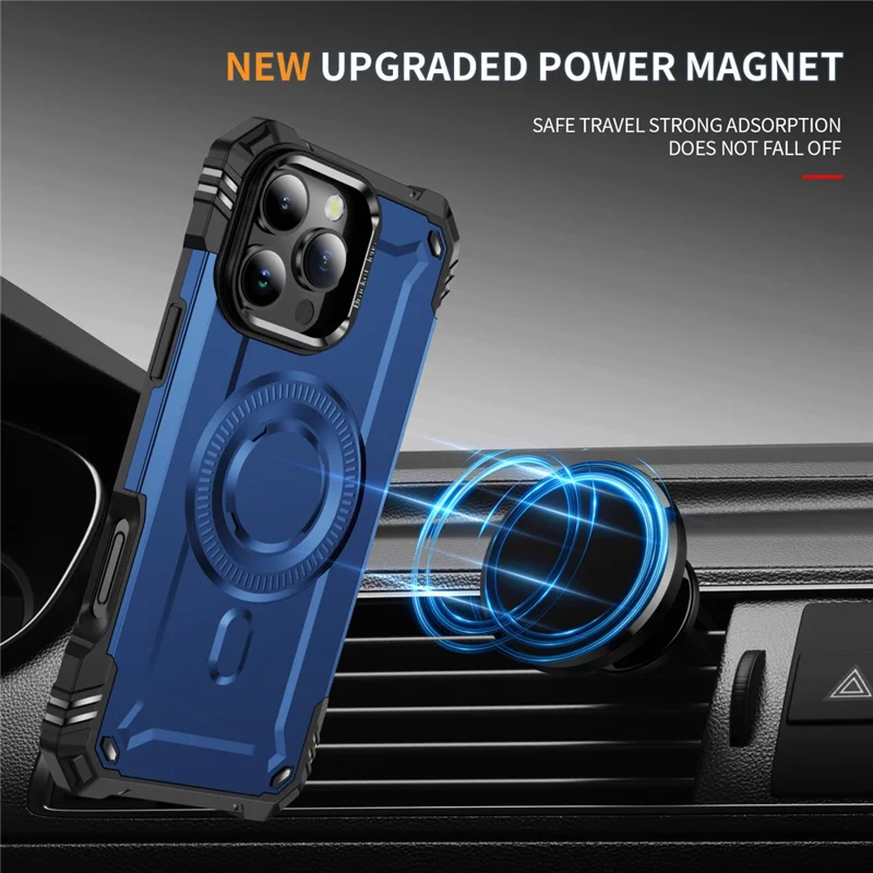 For iPhone 16 Pro Case Compatible with MagSafe Metal Lens Frame Kickstand PC+TPU Mobile Cover - Sapphire