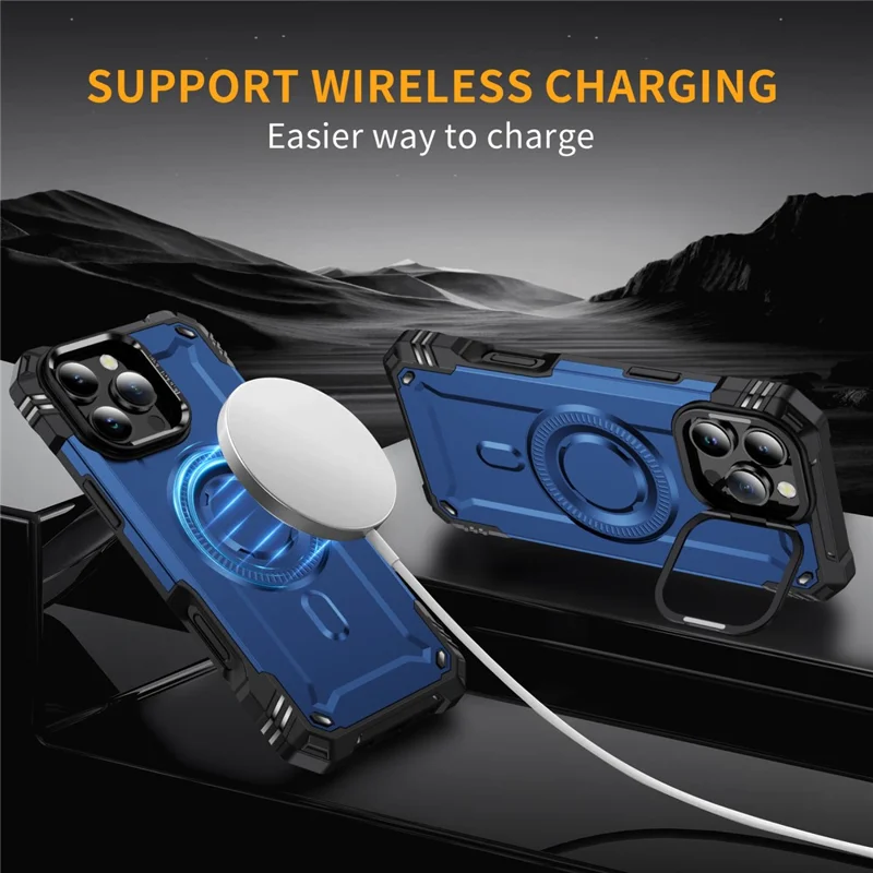 For iPhone 16 Pro Case Compatible with MagSafe Metal Lens Frame Kickstand PC+TPU Mobile Cover - Sapphire