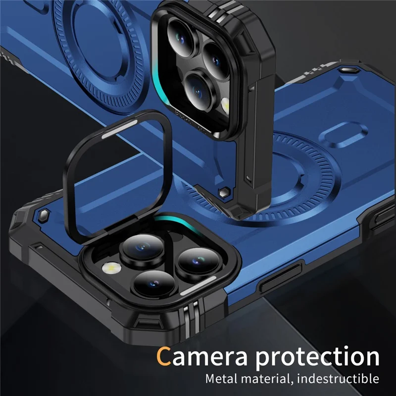 For iPhone 16 Pro Case Compatible with MagSafe Metal Lens Frame Kickstand PC+TPU Mobile Cover - Sapphire