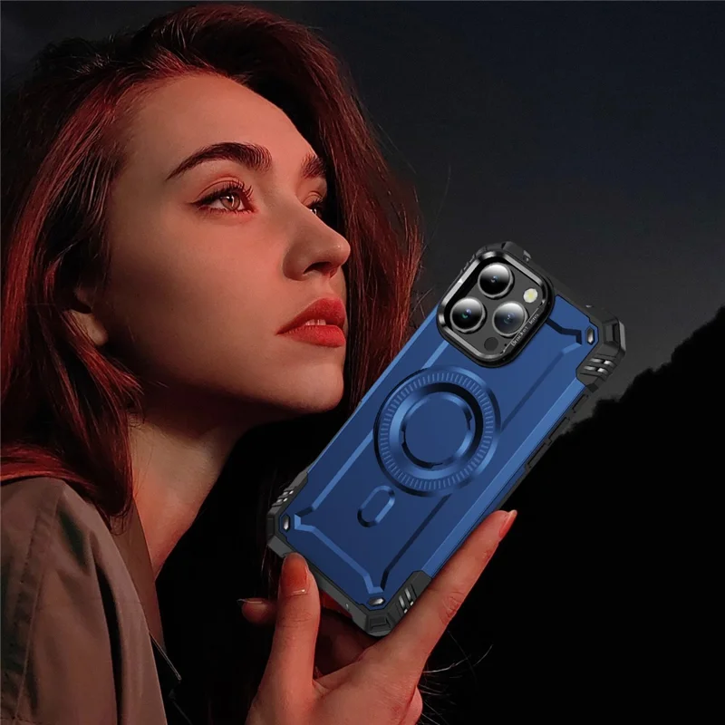 For iPhone 16 Pro Case Compatible with MagSafe Metal Lens Frame Kickstand PC+TPU Mobile Cover - Sapphire