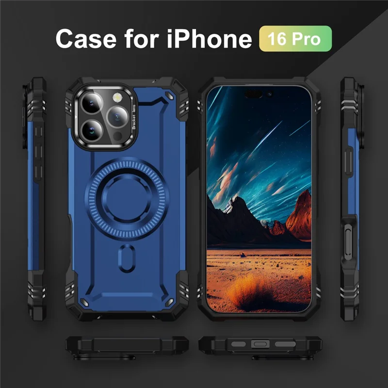 For iPhone 16 Pro Case Compatible with MagSafe Metal Lens Frame Kickstand PC+TPU Mobile Cover - Sapphire