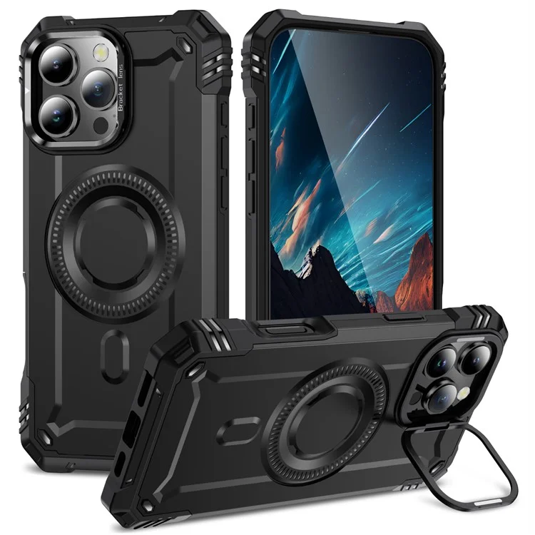 Funda para iPhone 16 Pro Max compatible con MagSafe, marco de metal para lente, soporte, cubierta móvil de PC+TPU - Negro