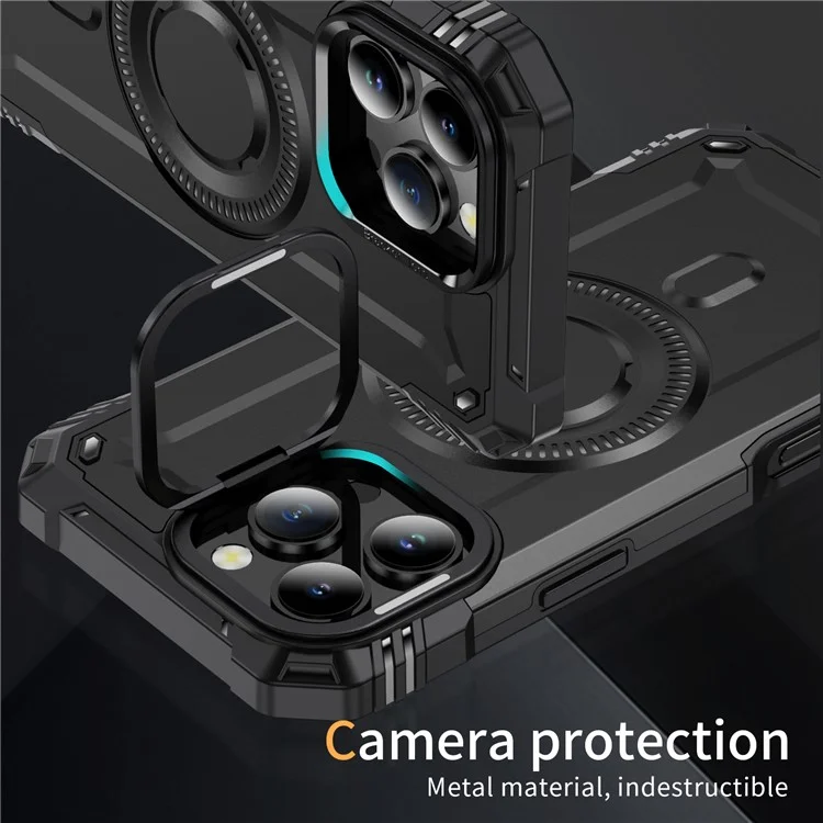 Funda para iPhone 16 Pro Max compatible con MagSafe, marco de metal para lente, soporte, cubierta móvil de PC+TPU - Negro