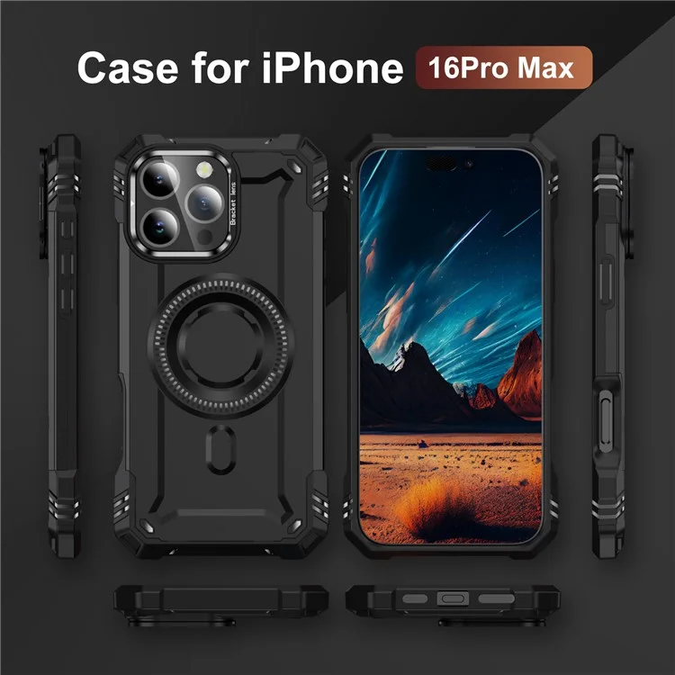 Funda para iPhone 16 Pro Max compatible con MagSafe, marco de metal para lente, soporte, cubierta móvil de PC+TPU - Negro
