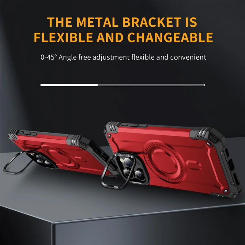 For iPhone 16 Pro Max Case Compatible with MagSafe Metal Lens Frame Kickstand PC+TPU Mobile Cover - Red