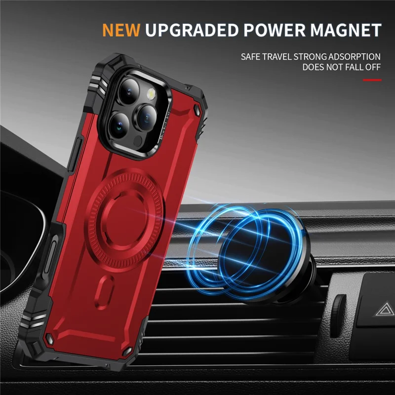 For iPhone 16 Pro Max Case Compatible with MagSafe Metal Lens Frame Kickstand PC+TPU Mobile Cover - Red