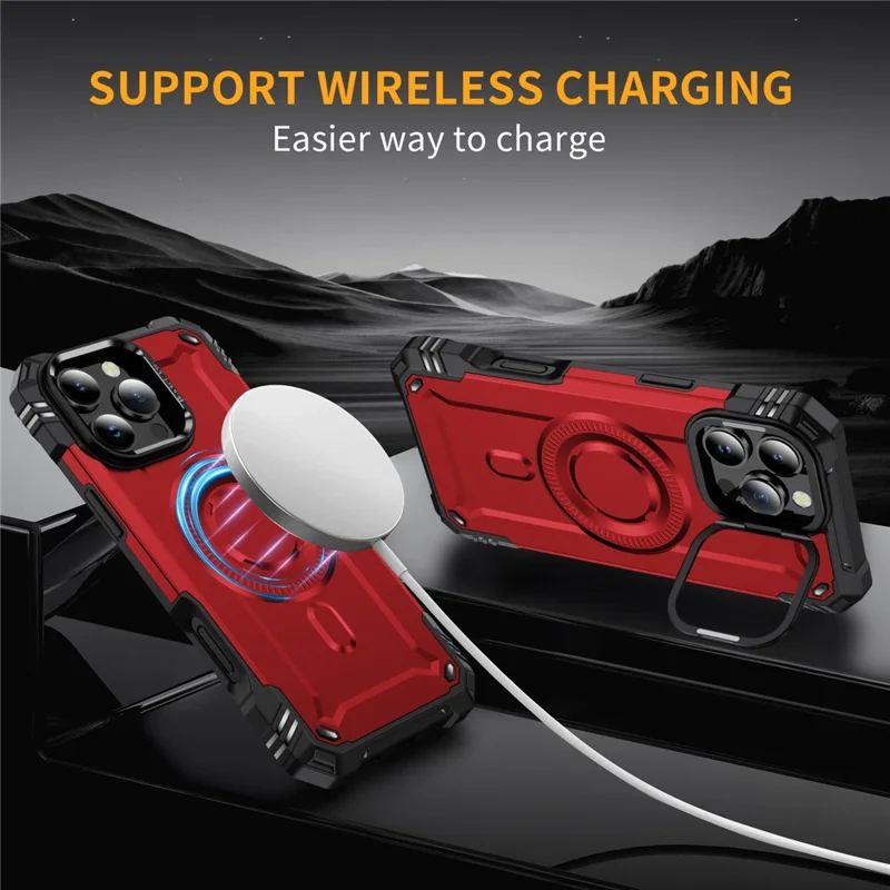 For iPhone 16 Pro Max Case Compatible with MagSafe Metal Lens Frame Kickstand PC+TPU Mobile Cover - Red
