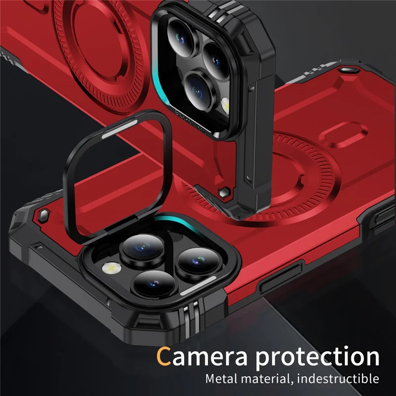 For iPhone 16 Pro Max Case Compatible with MagSafe Metal Lens Frame Kickstand PC+TPU Mobile Cover - Red