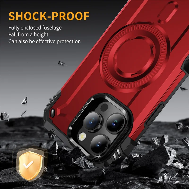 For iPhone 16 Pro Max Case Compatible with MagSafe Metal Lens Frame Kickstand PC+TPU Mobile Cover - Red