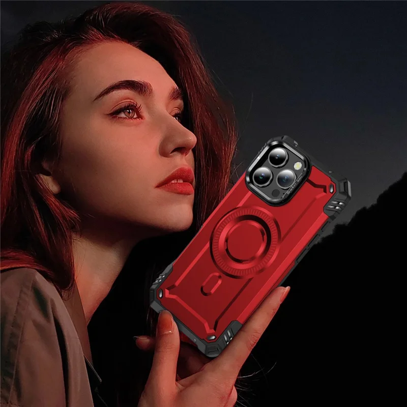 For iPhone 16 Pro Max Case Compatible with MagSafe Metal Lens Frame Kickstand PC+TPU Mobile Cover - Red